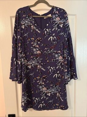 LOFT Purple Floral V-Neck Long Bell Sleeve Dress